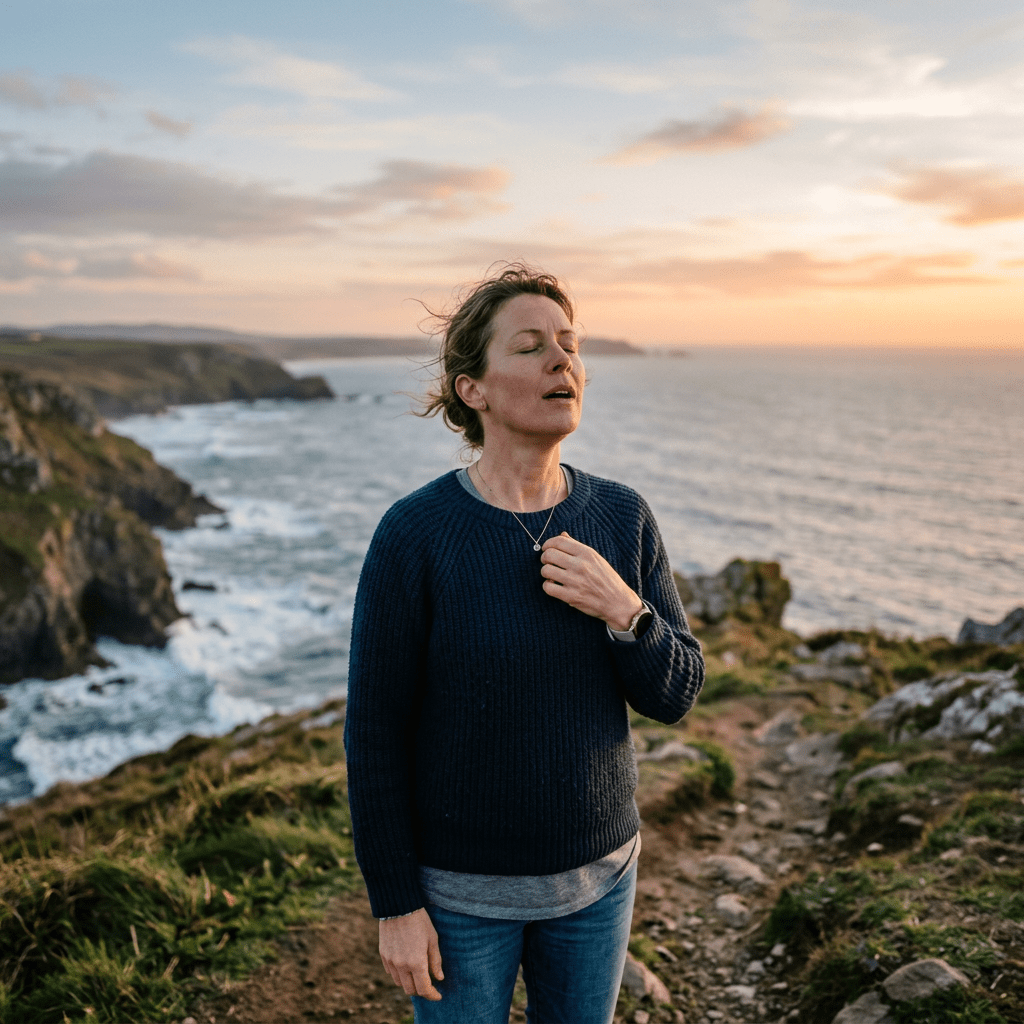 Woman standing on rocky coastal path with eyes closed, ocean and cliffs in background at sunset